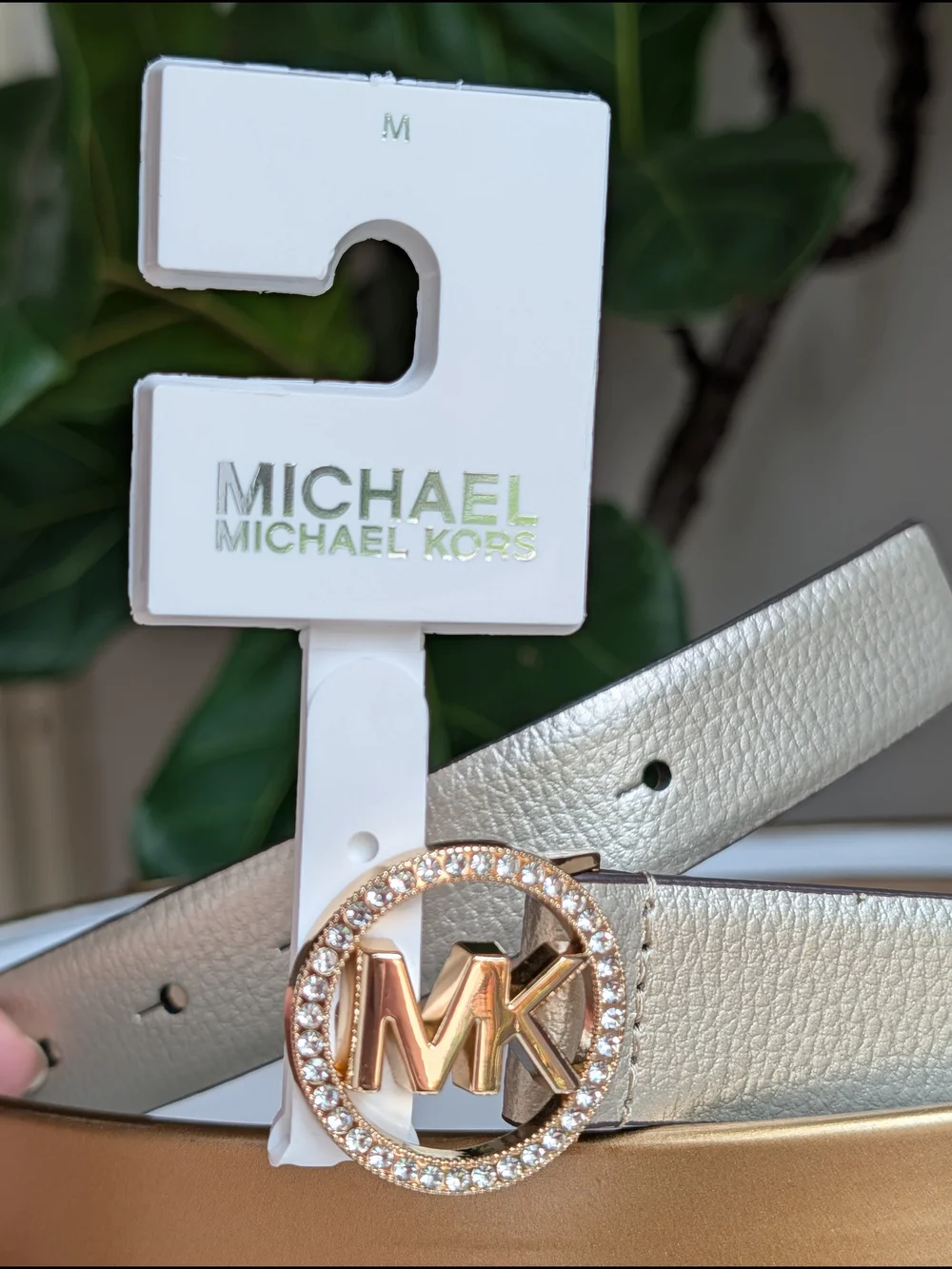 Michael Kors Women's Gold-Tone MK Logo Belt - Champagne